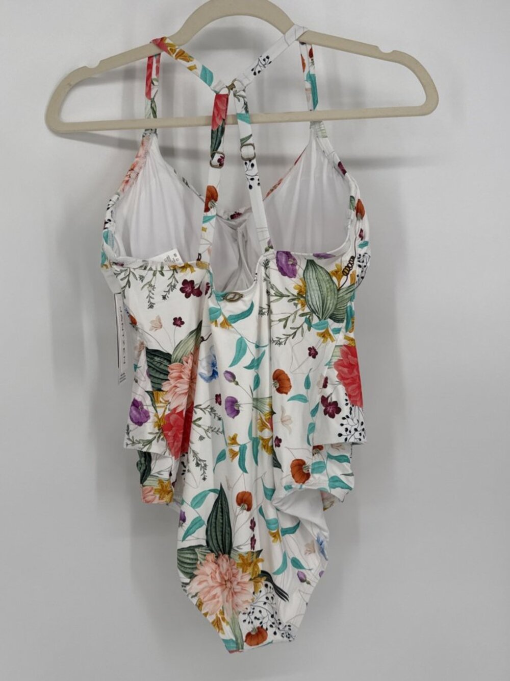 New Jantzen Size 14 White Floral One-piece Swimsuit Tropical Bathing Suit Belted - Picture 3 of 7